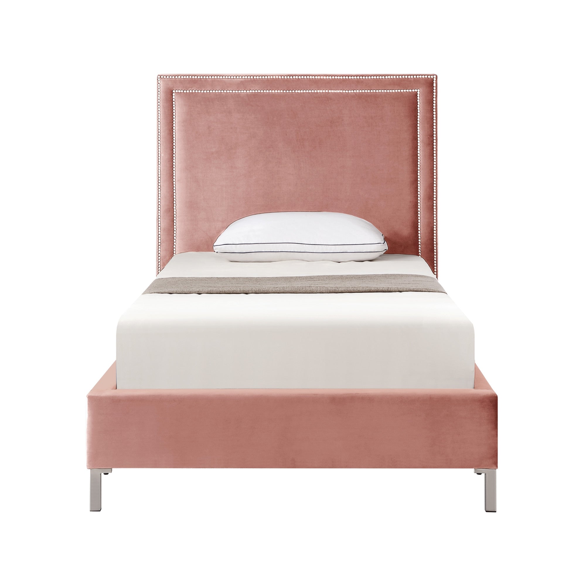 Blush Solid Wood Queen Upholstered Velvet Bed with Nailhead Trim