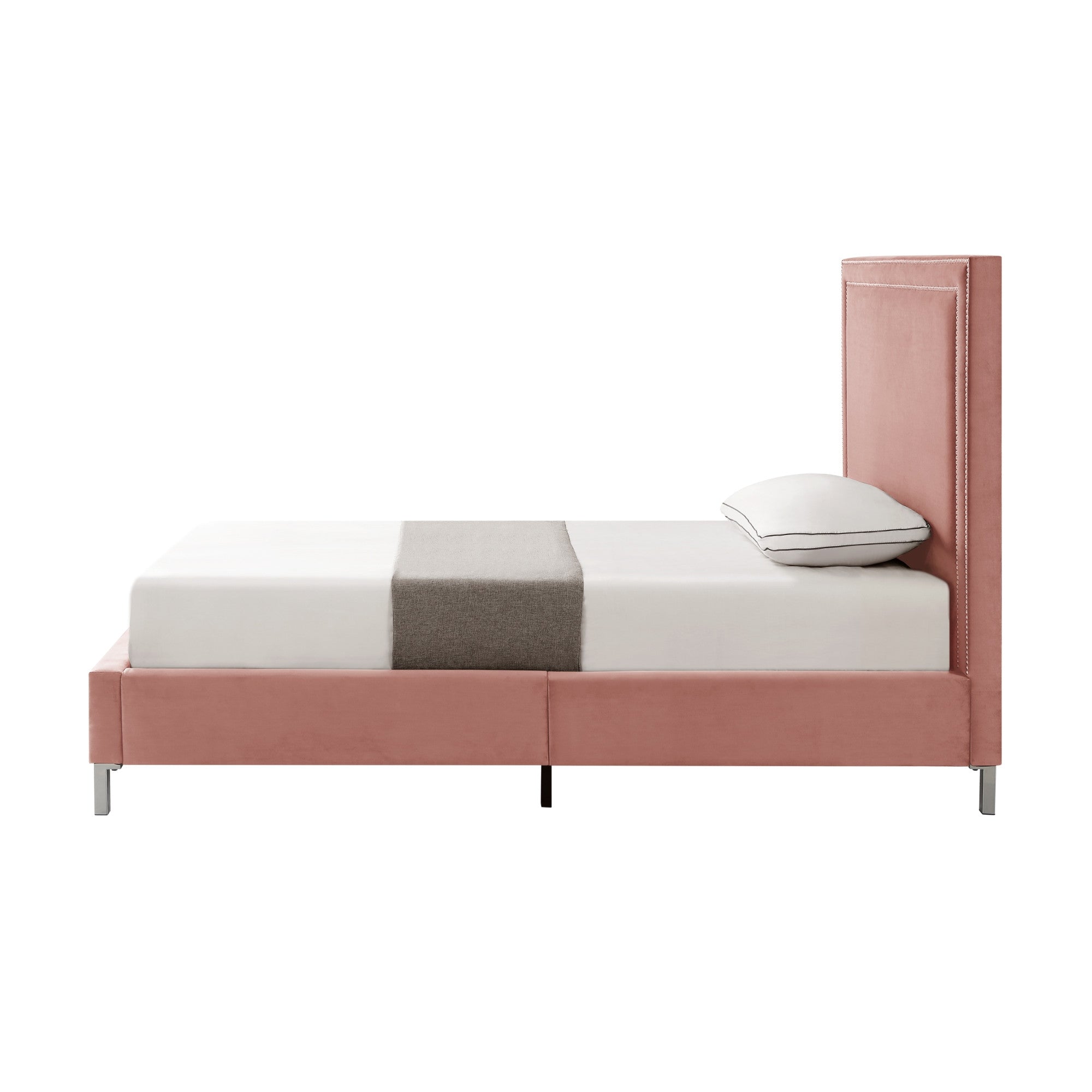 Blush Solid Wood Queen Upholstered Velvet Bed with Nailhead Trim