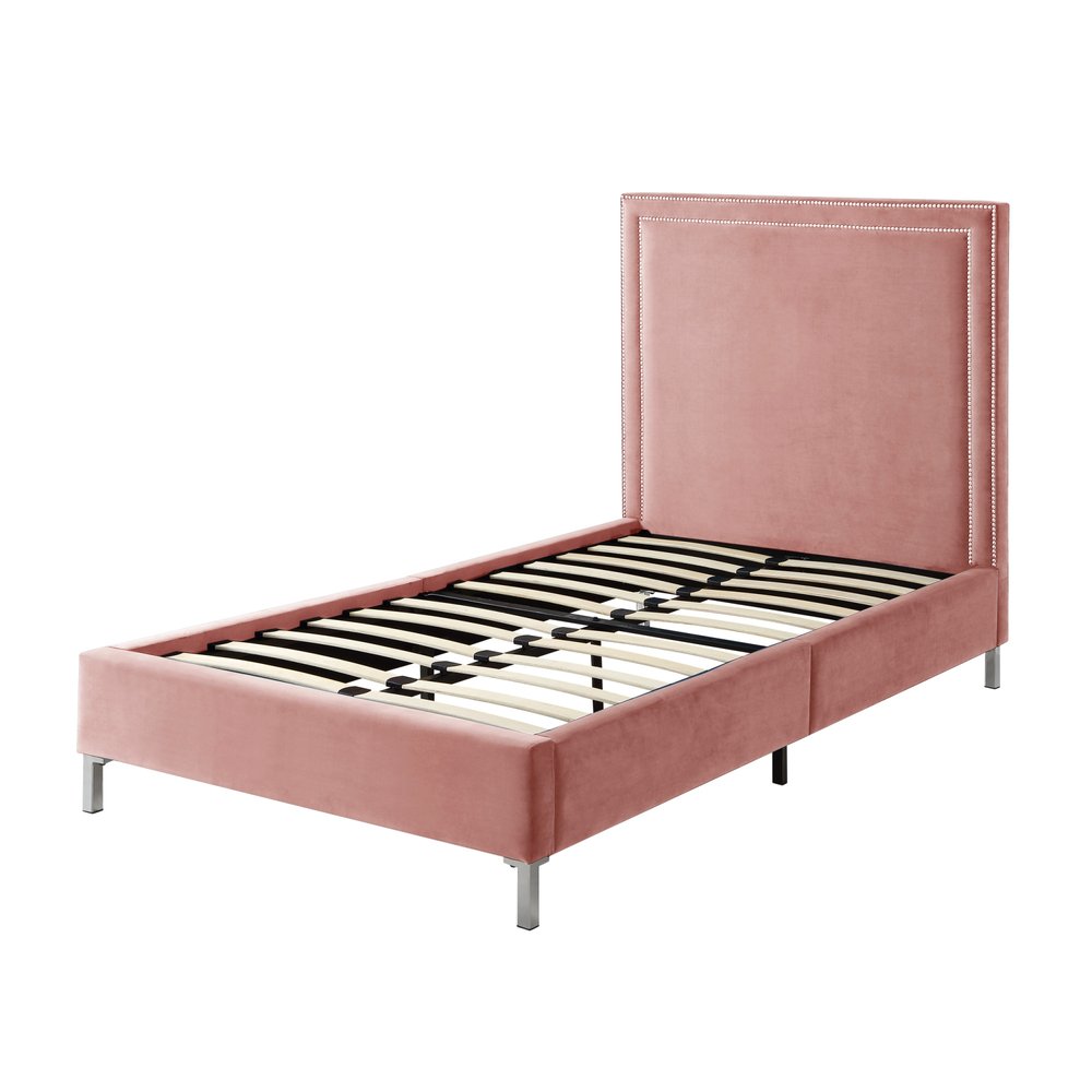 Navy Blue Solid Wood King Upholstered Velvet Bed with Nailhead Trim
