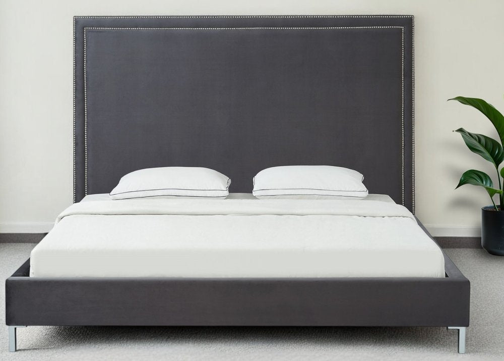 Navy Blue Solid Wood King Upholstered Velvet Bed with Nailhead Trim