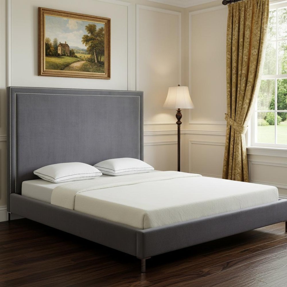 Gray Solid Wood King Upholstered Velvet Bed with Nailhead Trim