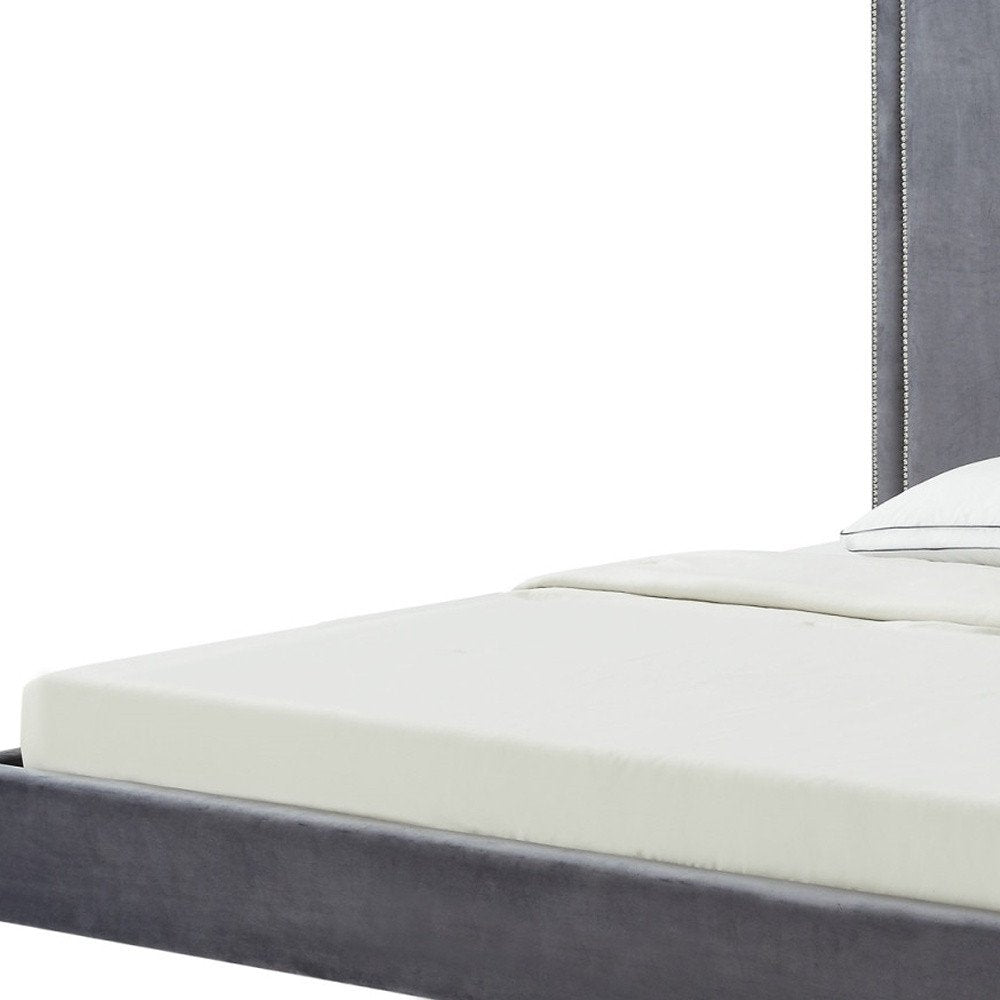 Navy Blue Solid Wood King Upholstered Velvet Bed with Nailhead Trim