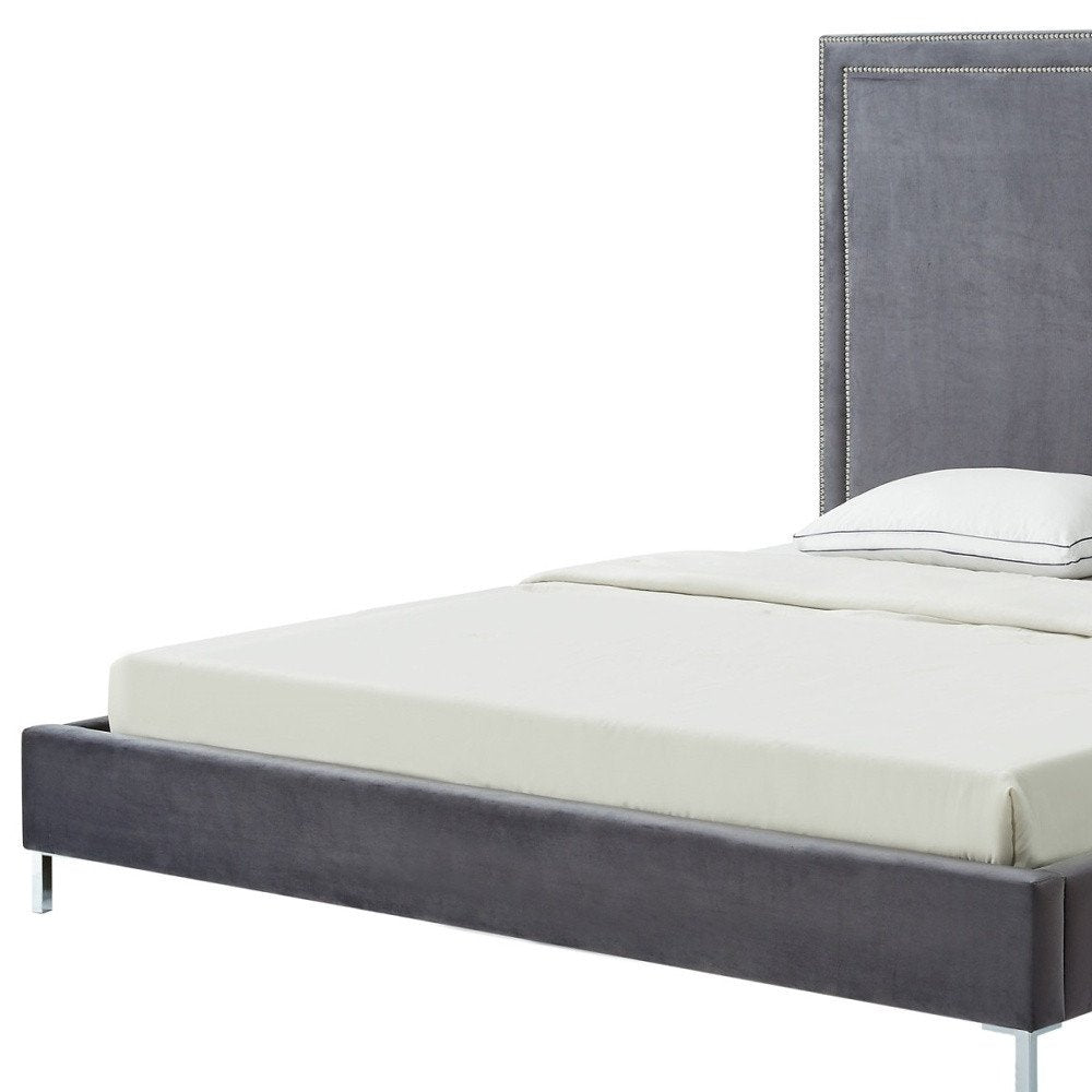 Navy Blue Solid Wood King Upholstered Velvet Bed with Nailhead Trim