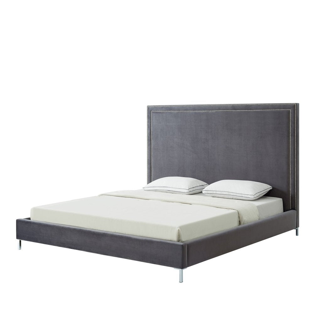 Navy Blue Solid Wood King Upholstered Velvet Bed with Nailhead Trim