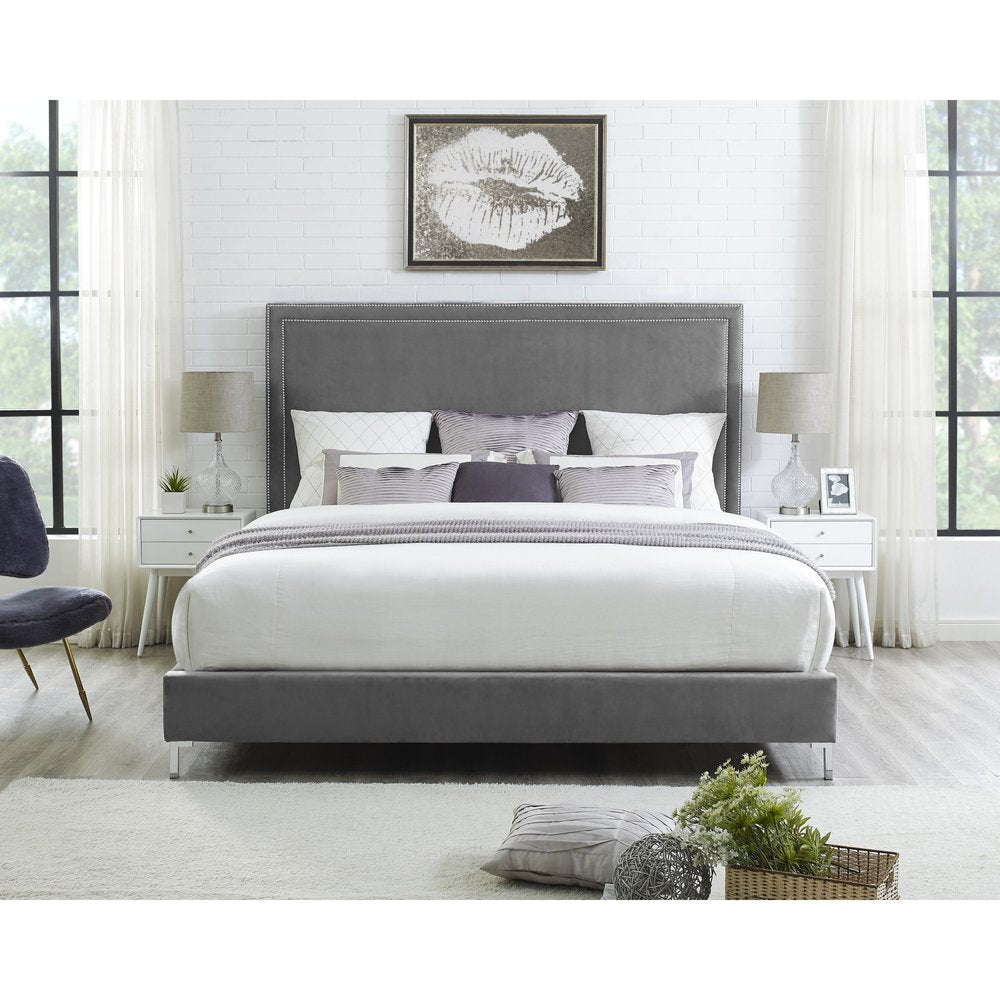 Navy Blue Solid Wood King Upholstered Velvet Bed with Nailhead Trim