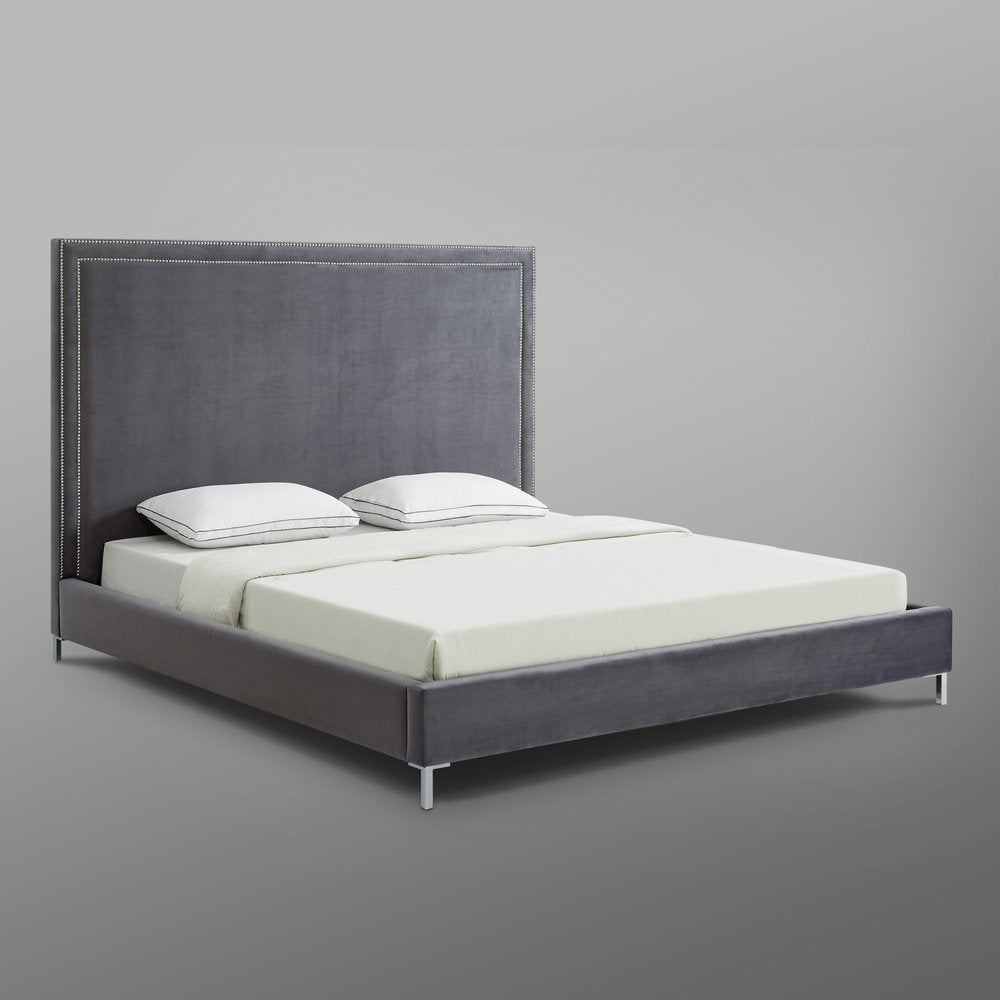 Navy Blue Solid Wood King Upholstered Velvet Bed with Nailhead Trim