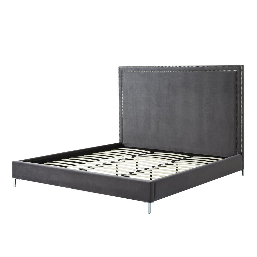 Navy Blue Solid Wood King Upholstered Velvet Bed with Nailhead Trim