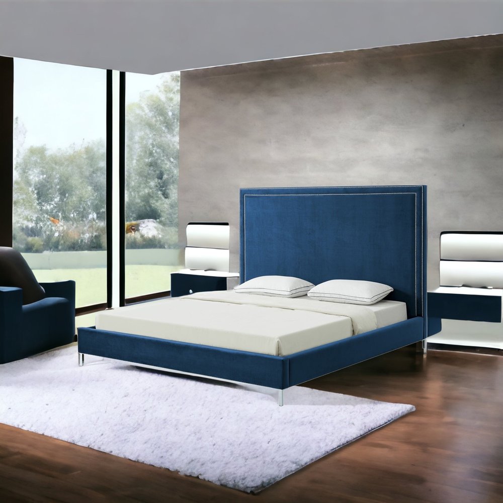 Navy Blue Solid Wood King Upholstered Velvet Bed with Nailhead Trim