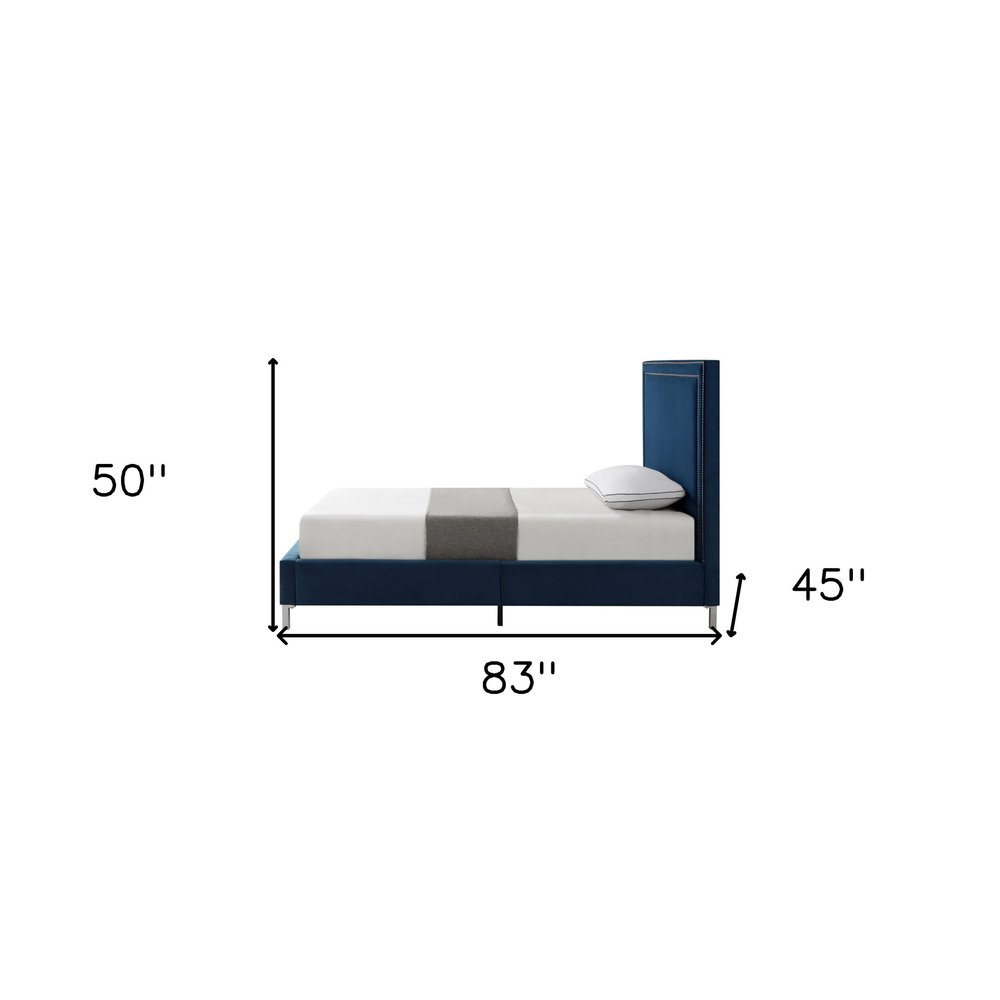 Navy Blue Solid Wood King Upholstered Velvet Bed with Nailhead Trim
