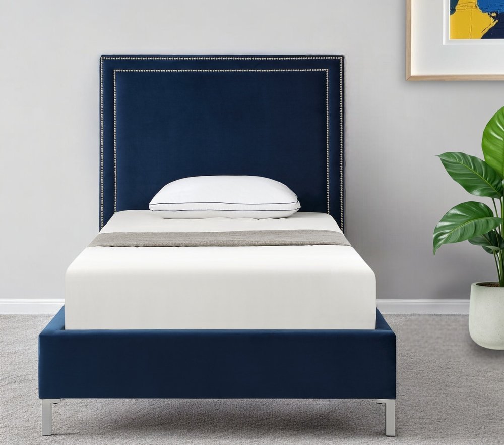 Navy Blue Solid Wood King Upholstered Velvet Bed with Nailhead Trim