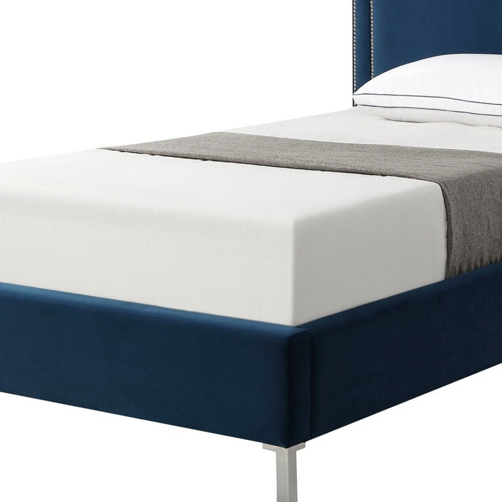 Navy Blue Solid Wood King Upholstered Velvet Bed with Nailhead Trim