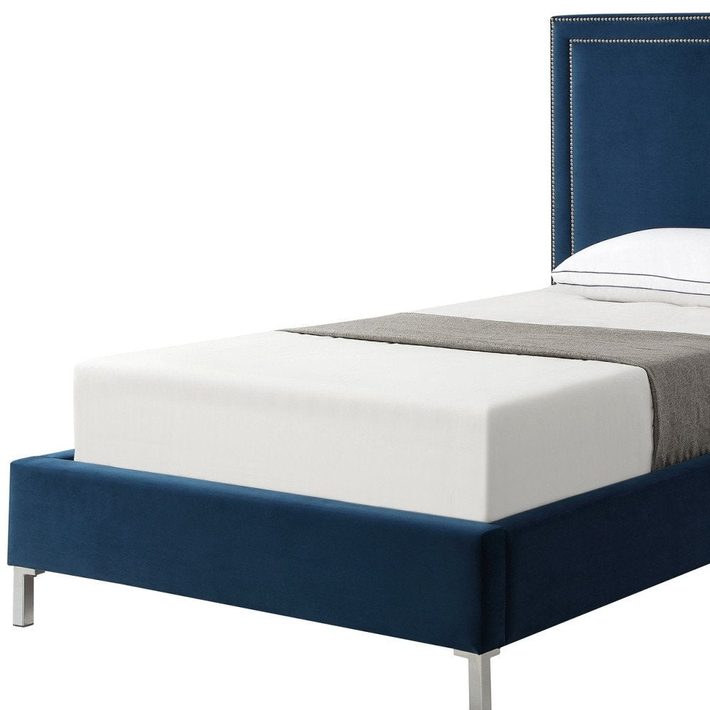 Navy Blue Solid Wood King Upholstered Velvet Bed with Nailhead Trim