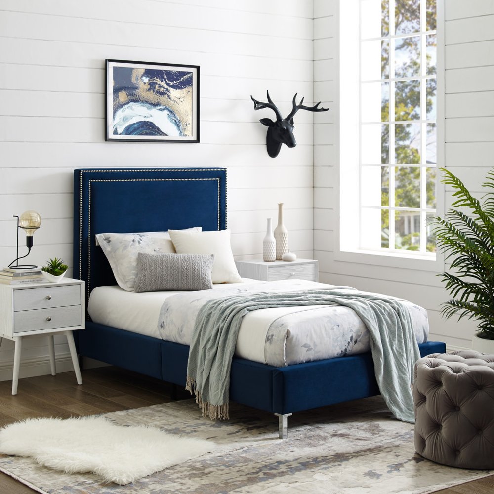 Navy Blue Solid Wood King Upholstered Velvet Bed with Nailhead Trim