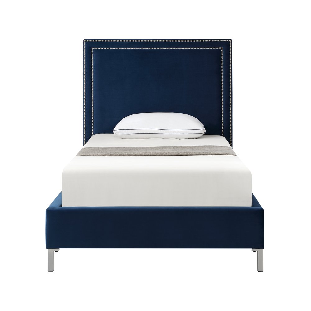 Navy Blue Solid Wood King Upholstered Velvet Bed with Nailhead Trim
