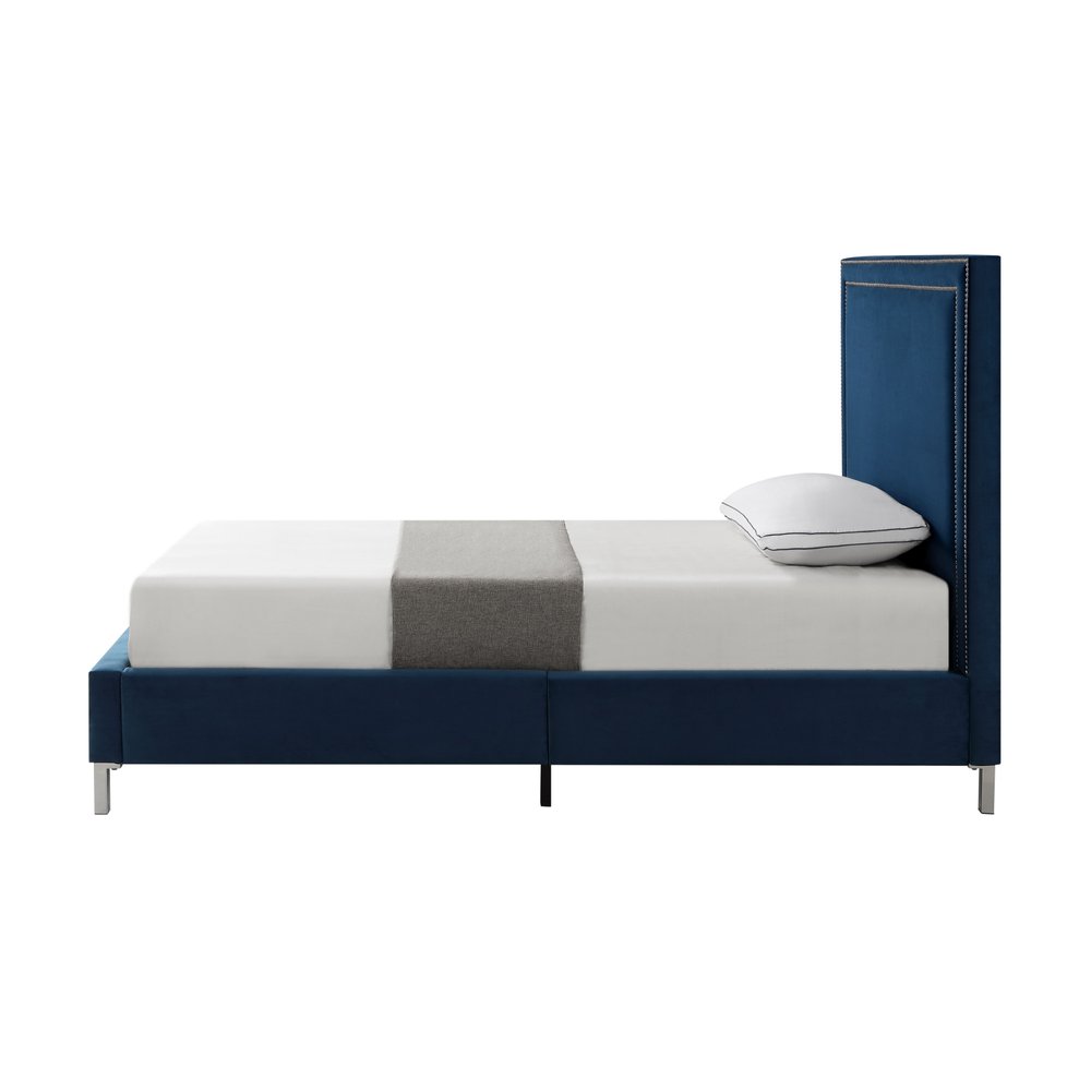 Navy Blue Solid Wood King Upholstered Velvet Bed with Nailhead Trim