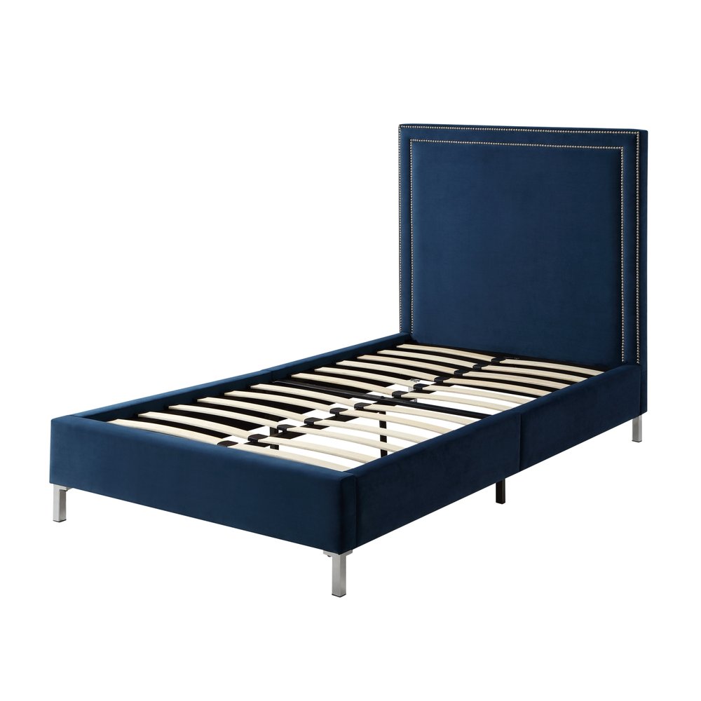 Navy Blue Solid Wood King Upholstered Velvet Bed with Nailhead Trim