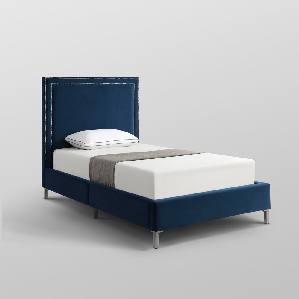 Navy Blue Solid Wood King Upholstered Velvet Bed with Nailhead Trim
