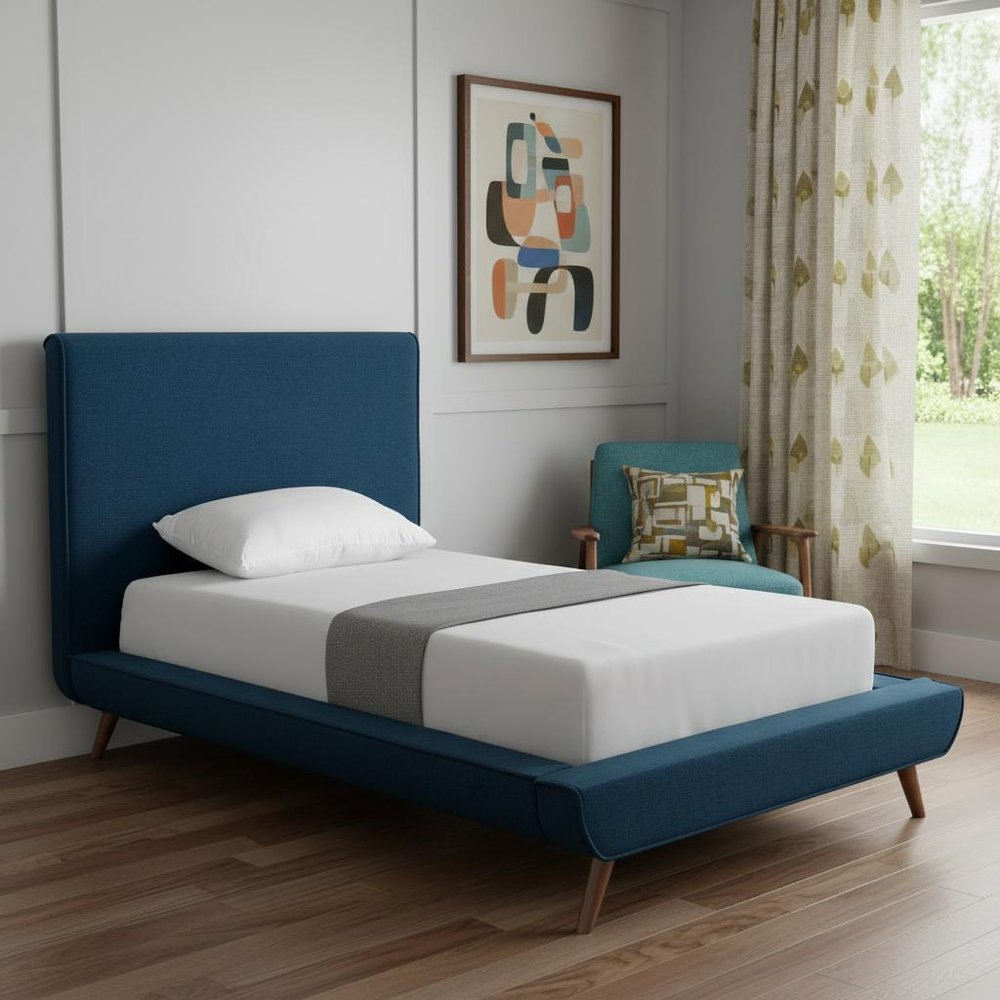 Denim Blue Solid Wood Twin Upholstered Linen Bed