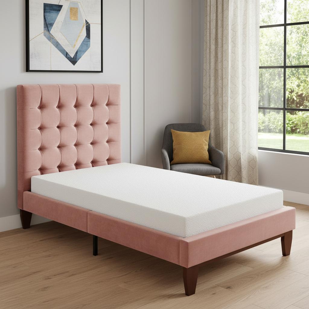 Blush Solid Wood Full Tufted Upholstered Velvet Bed