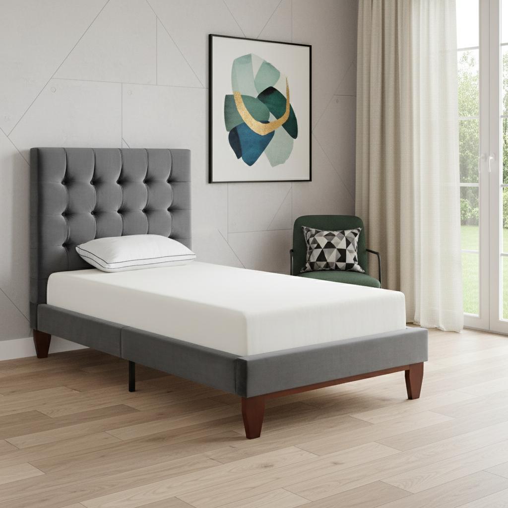Gray Solid Wood Full Tufted Upholstered Velvet Bed