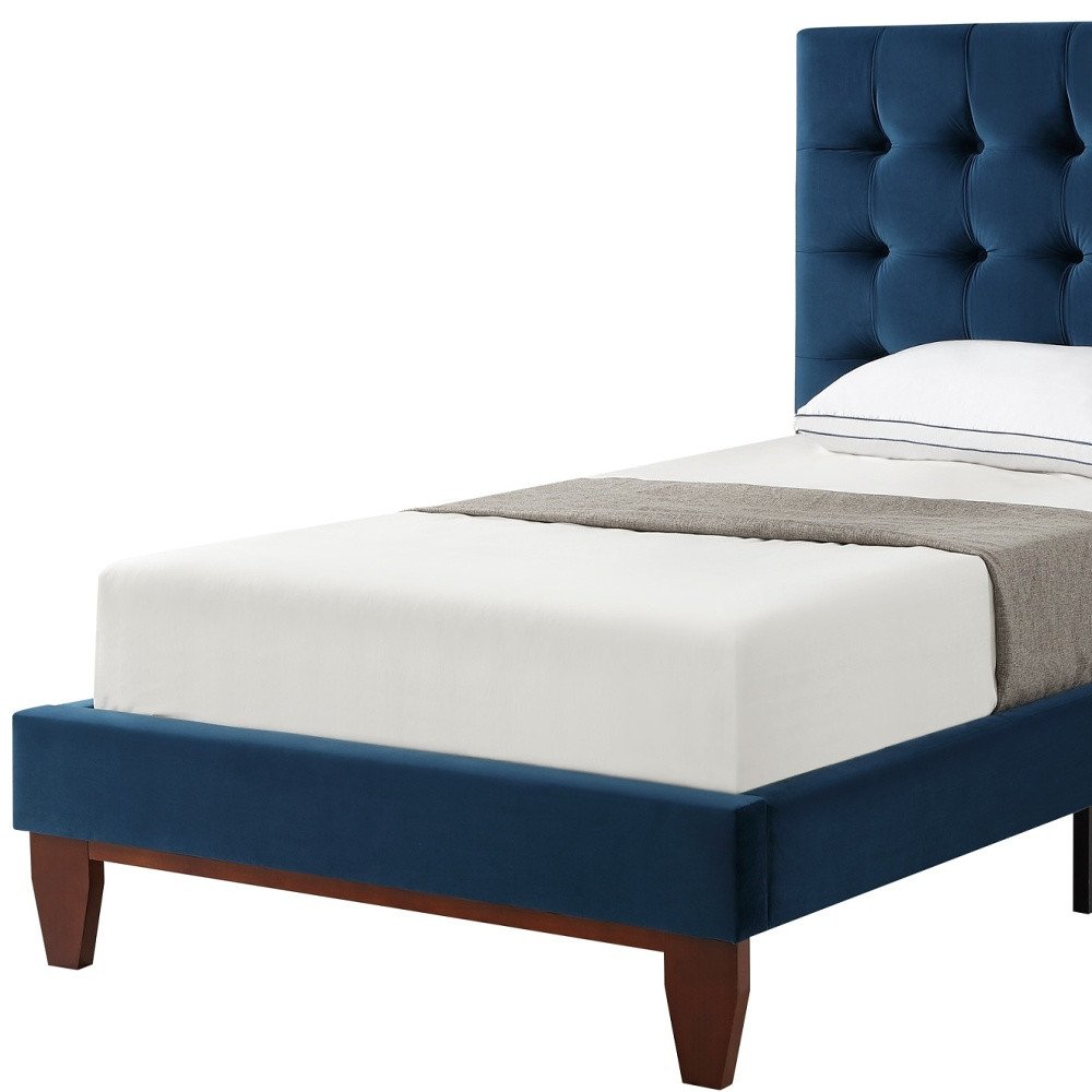 Navy Blue Solid Wood King Tufted Upholstered Velvet Bed