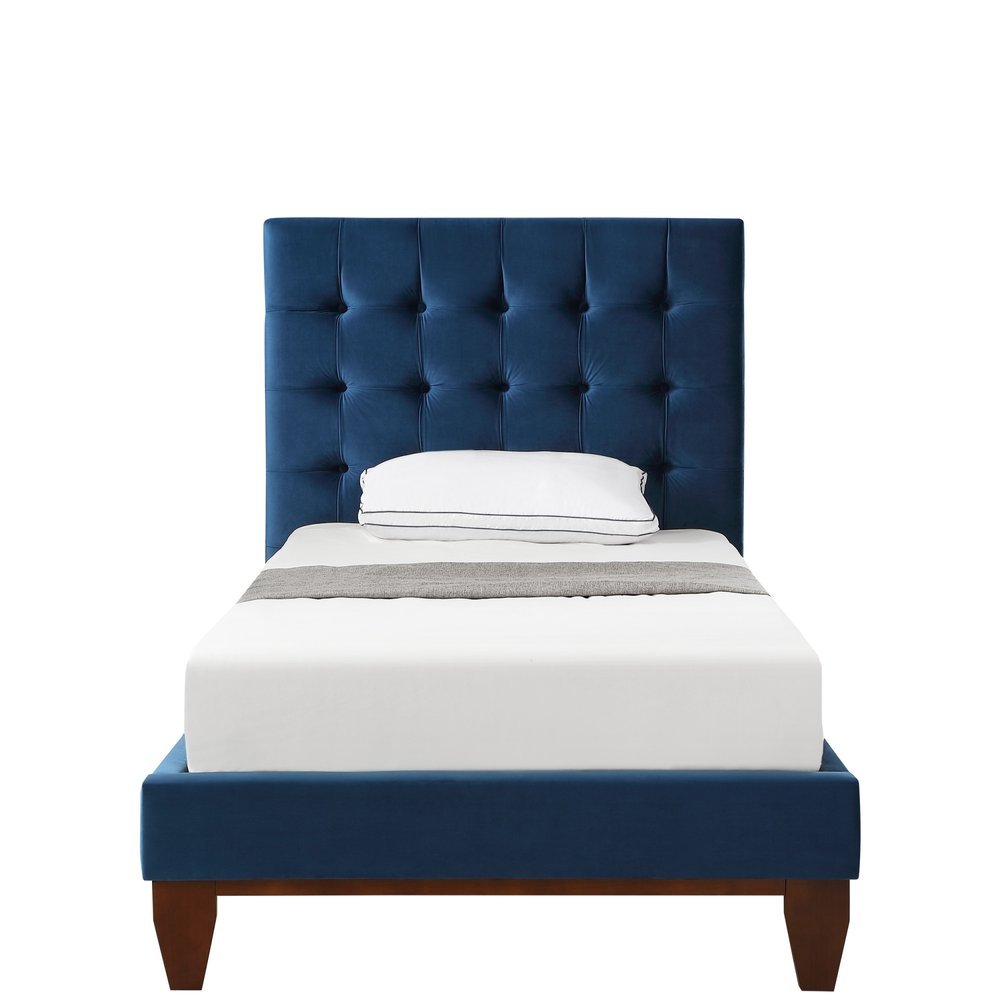Navy Blue Solid Wood King Tufted Upholstered Velvet Bed