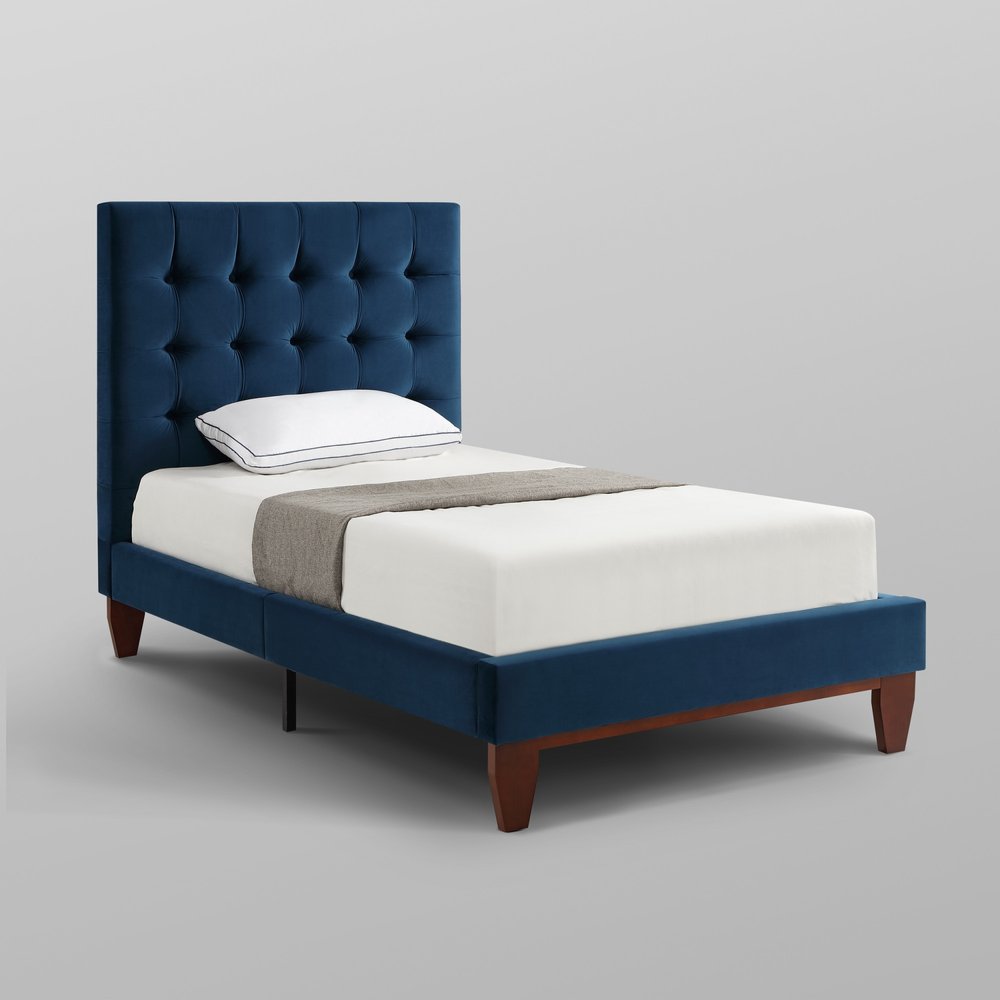 Navy Blue Solid Wood King Tufted Upholstered Velvet Bed