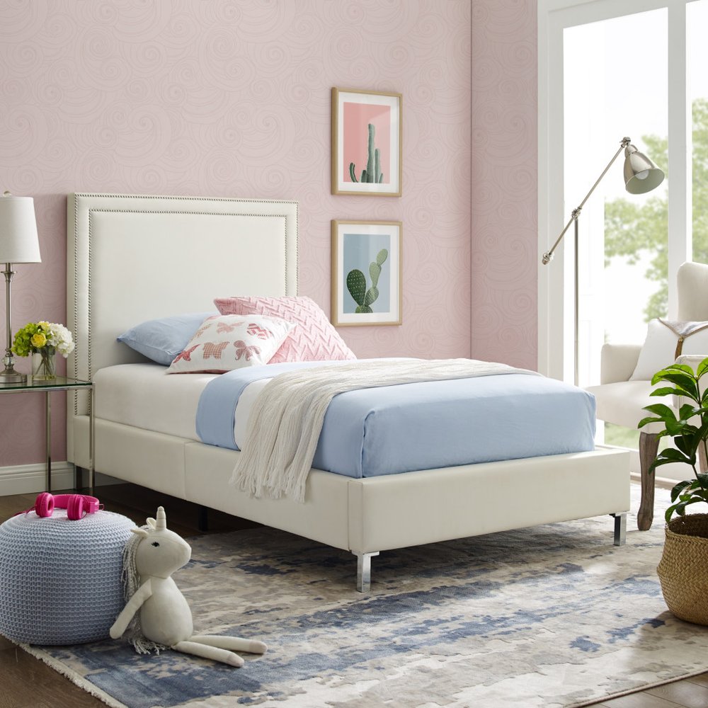 Navy Blue Solid Wood King Upholstered Velvet Bed with Nailhead Trim