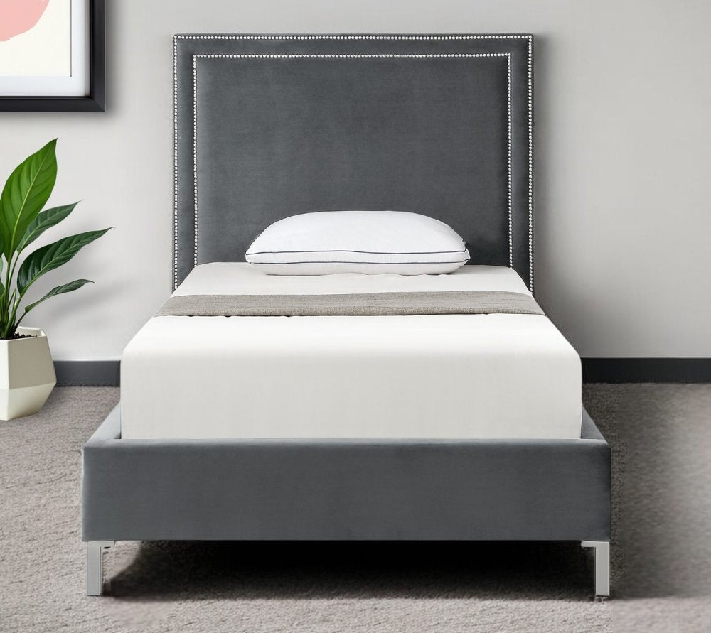 Navy Blue Solid Wood King Upholstered Velvet Bed with Nailhead Trim