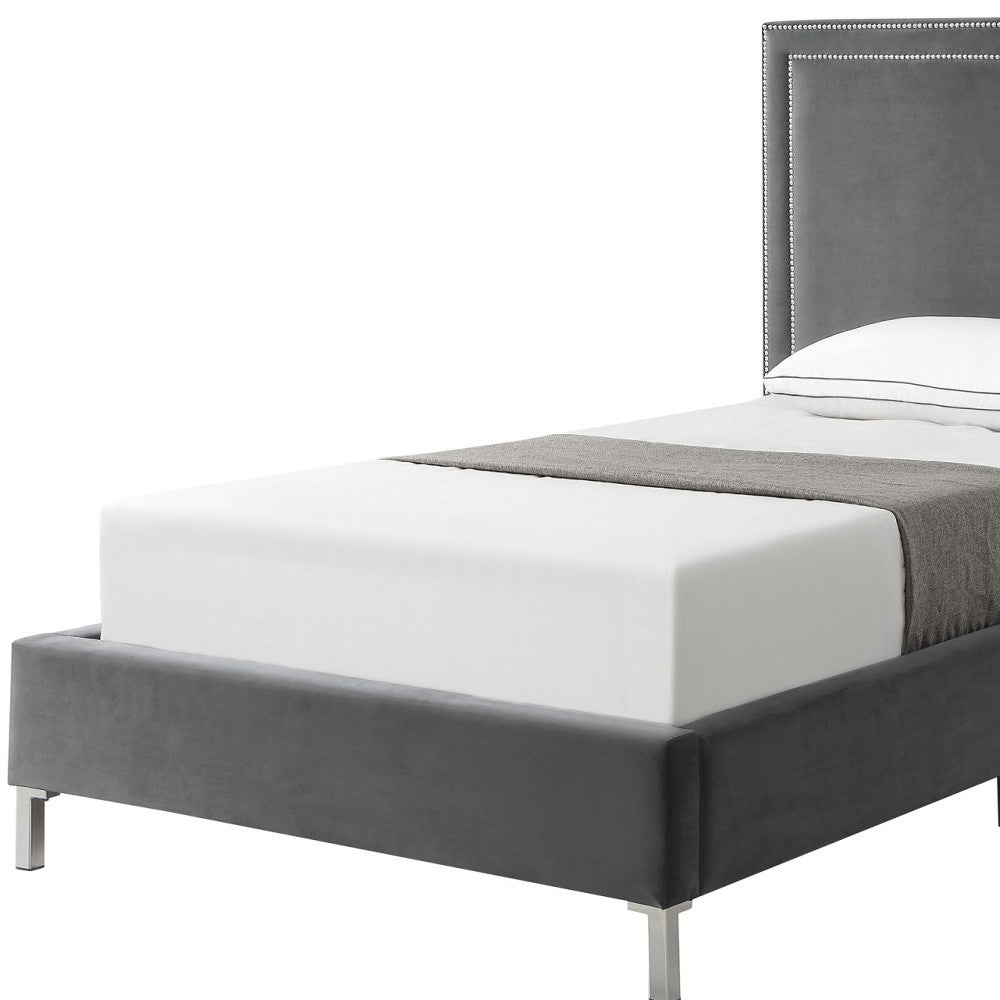 Gray Solid Wood Full Upholstered Velvet Bed with Nailhead Trim