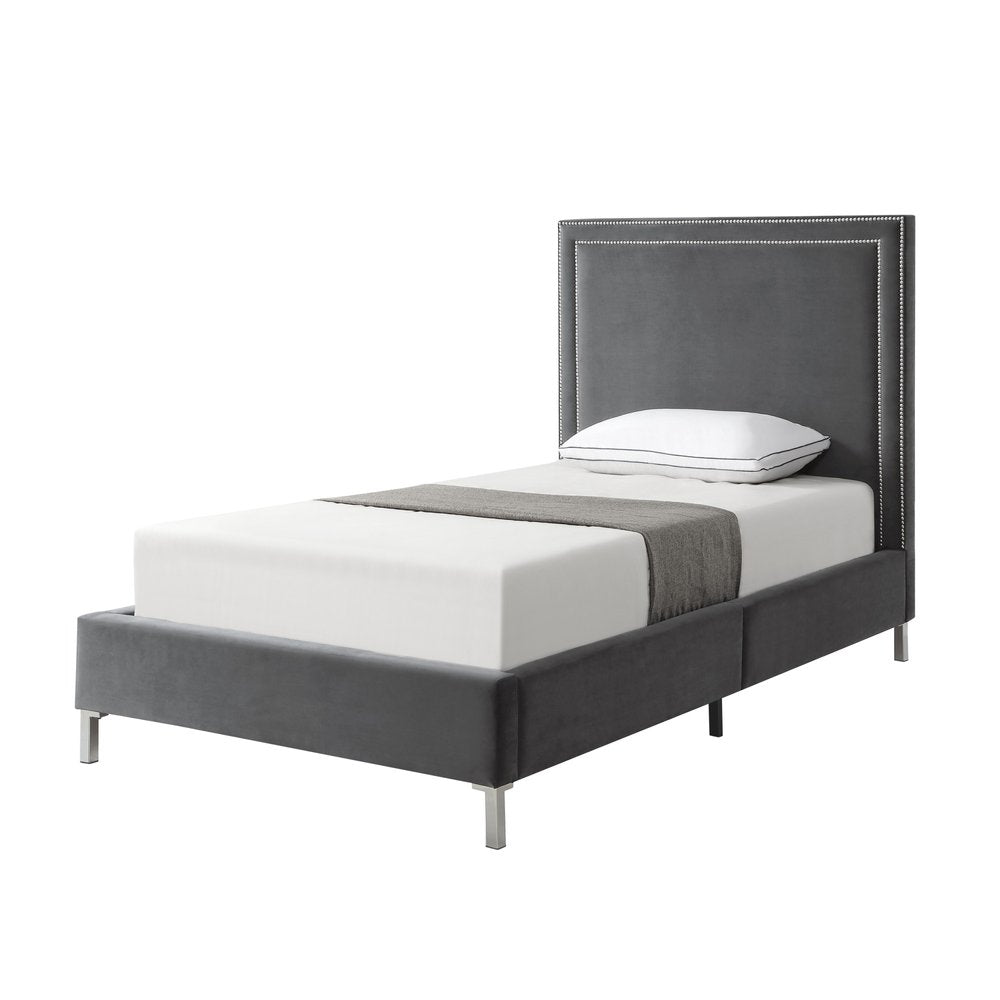 Gray Solid Wood King Upholstered Velvet Bed with Nailhead Trim