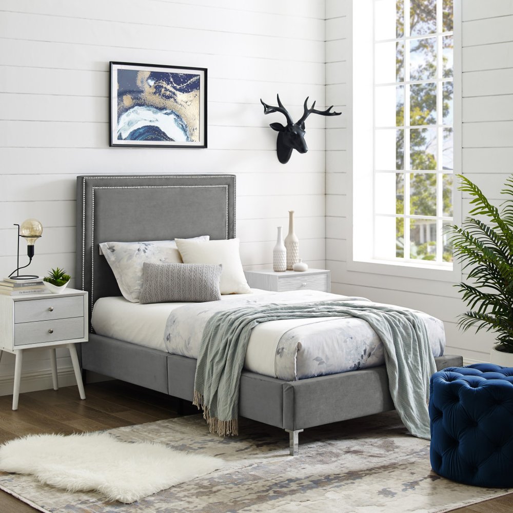 Navy Blue Solid Wood King Upholstered Velvet Bed with Nailhead Trim