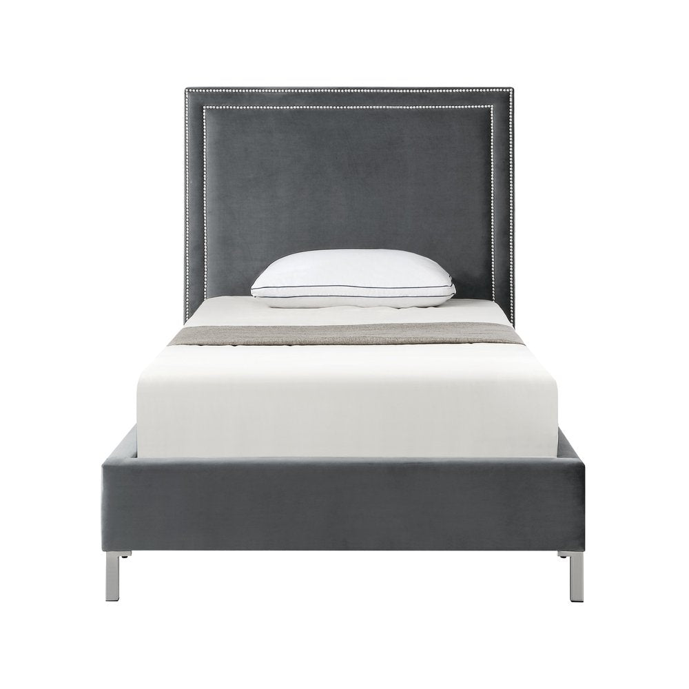 Navy Blue Solid Wood King Upholstered Velvet Bed with Nailhead Trim