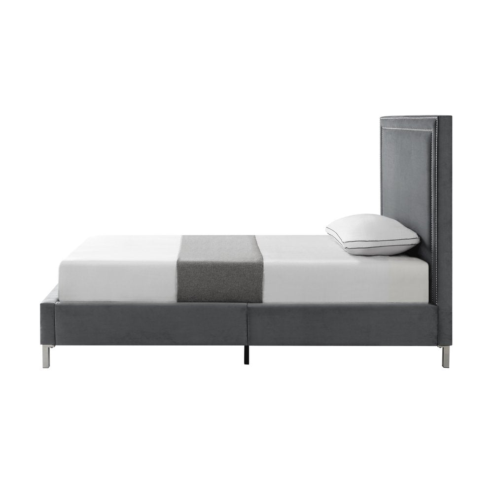 Navy Blue Solid Wood King Upholstered Velvet Bed with Nailhead Trim