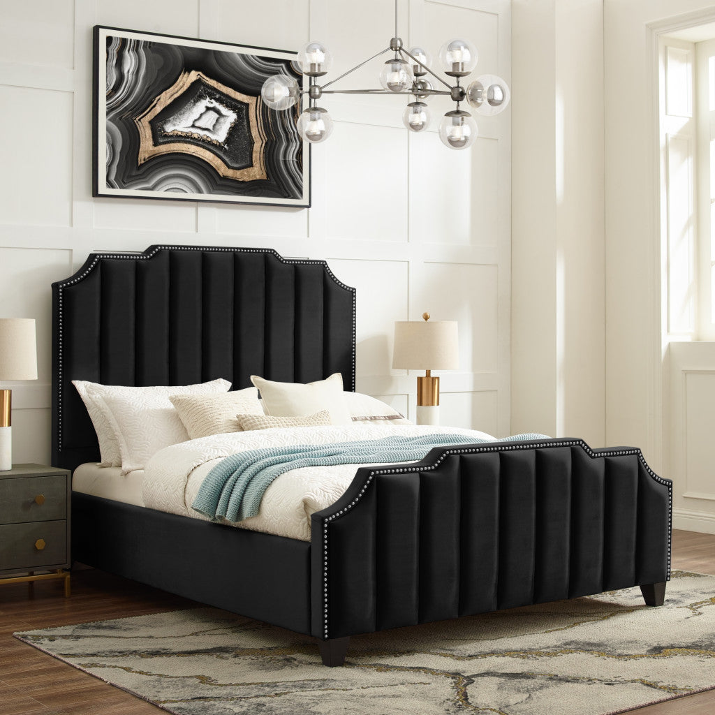 Gray Solid Wood Queen Tufted Upholstered Velvet Bed with Nailhead Trim
