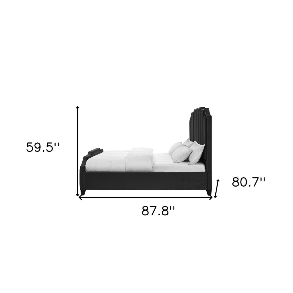 Black Solid Wood King Tufted Upholstered Velvet Bed with Nailhead Trim