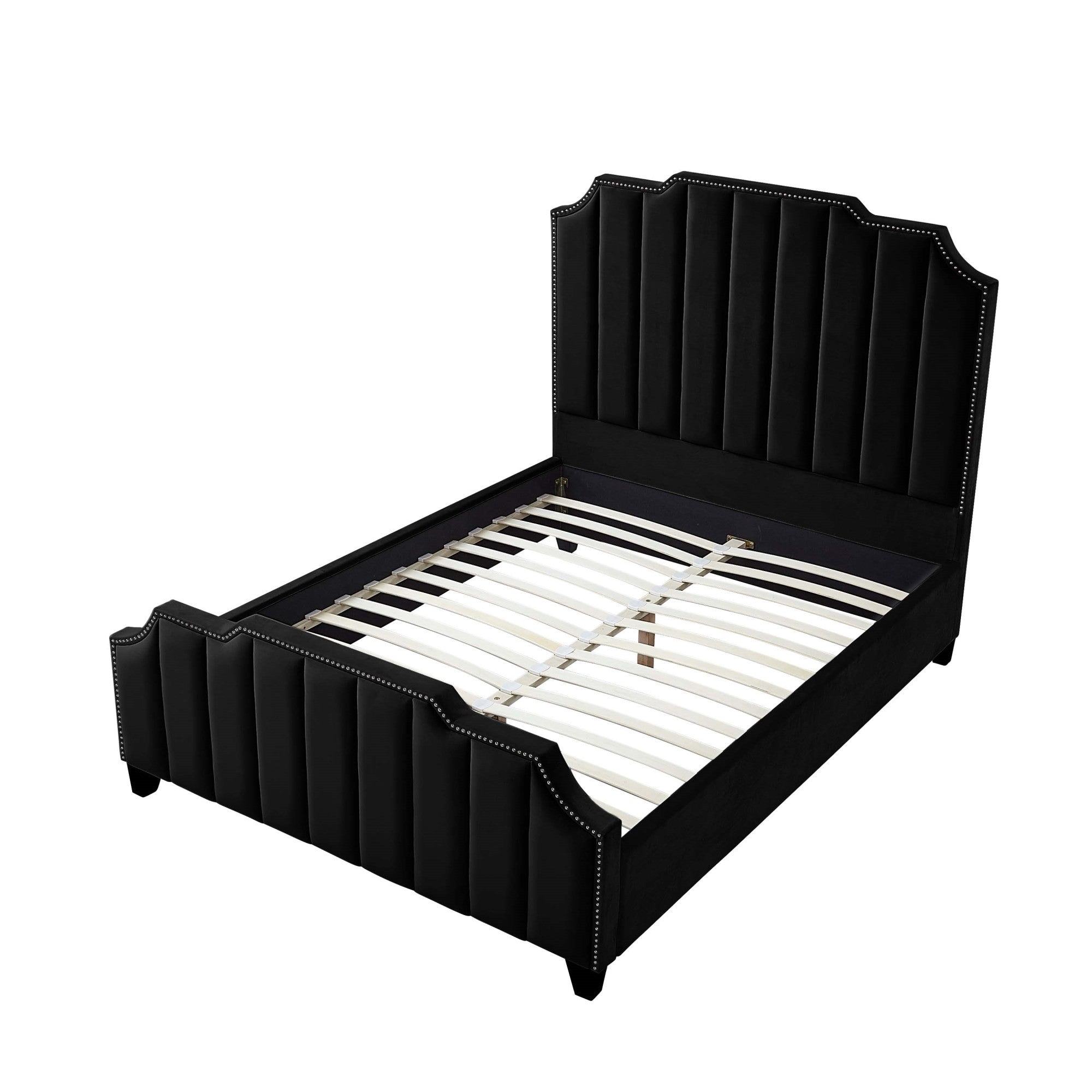 Navy Blue Solid Wood Queen Tufted Upholstered Velvet Bed with Nailhead Trim