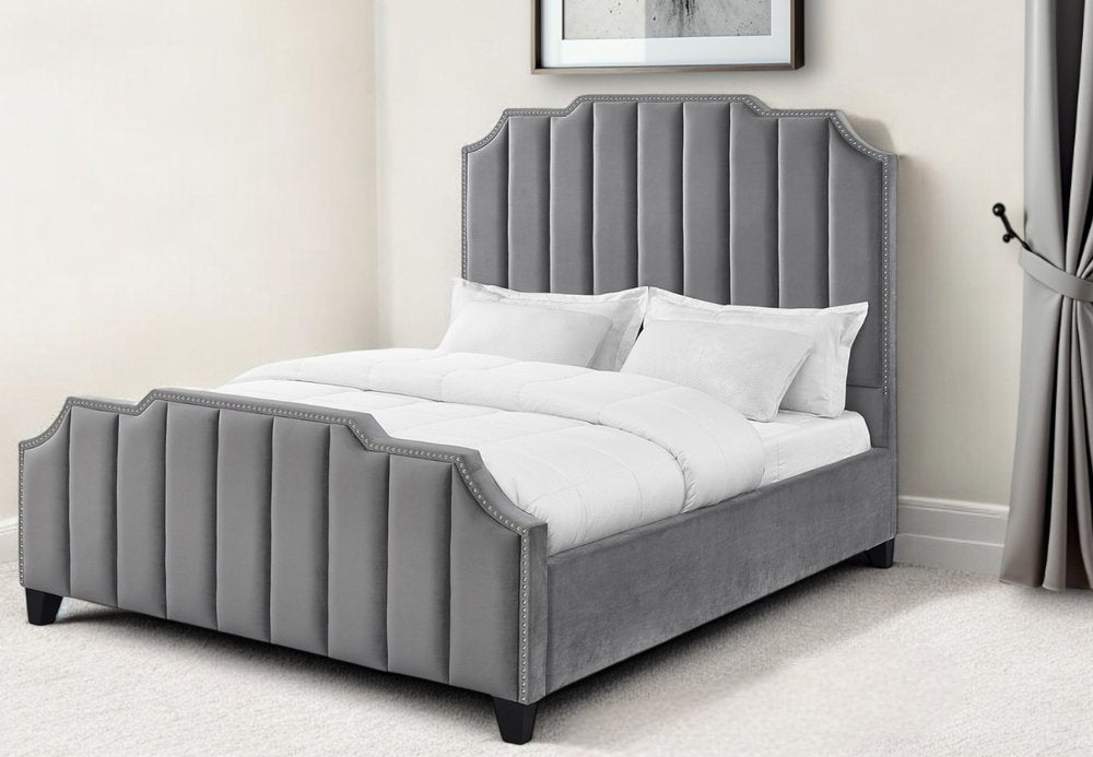 Black Solid Wood King Tufted Upholstered Velvet Bed with Nailhead Trim