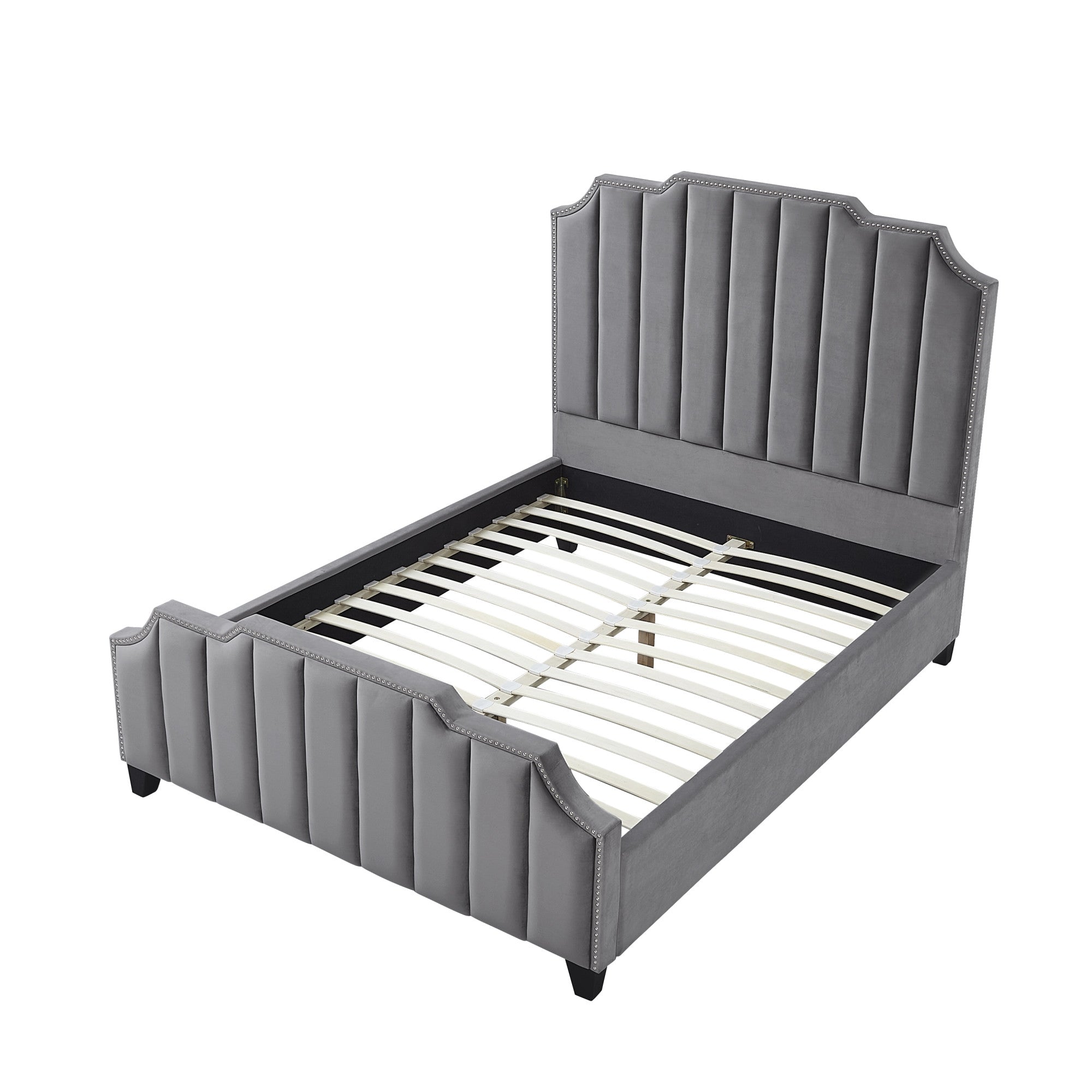 Gray Solid Wood Queen Tufted Upholstered Velvet Bed with Nailhead Trim