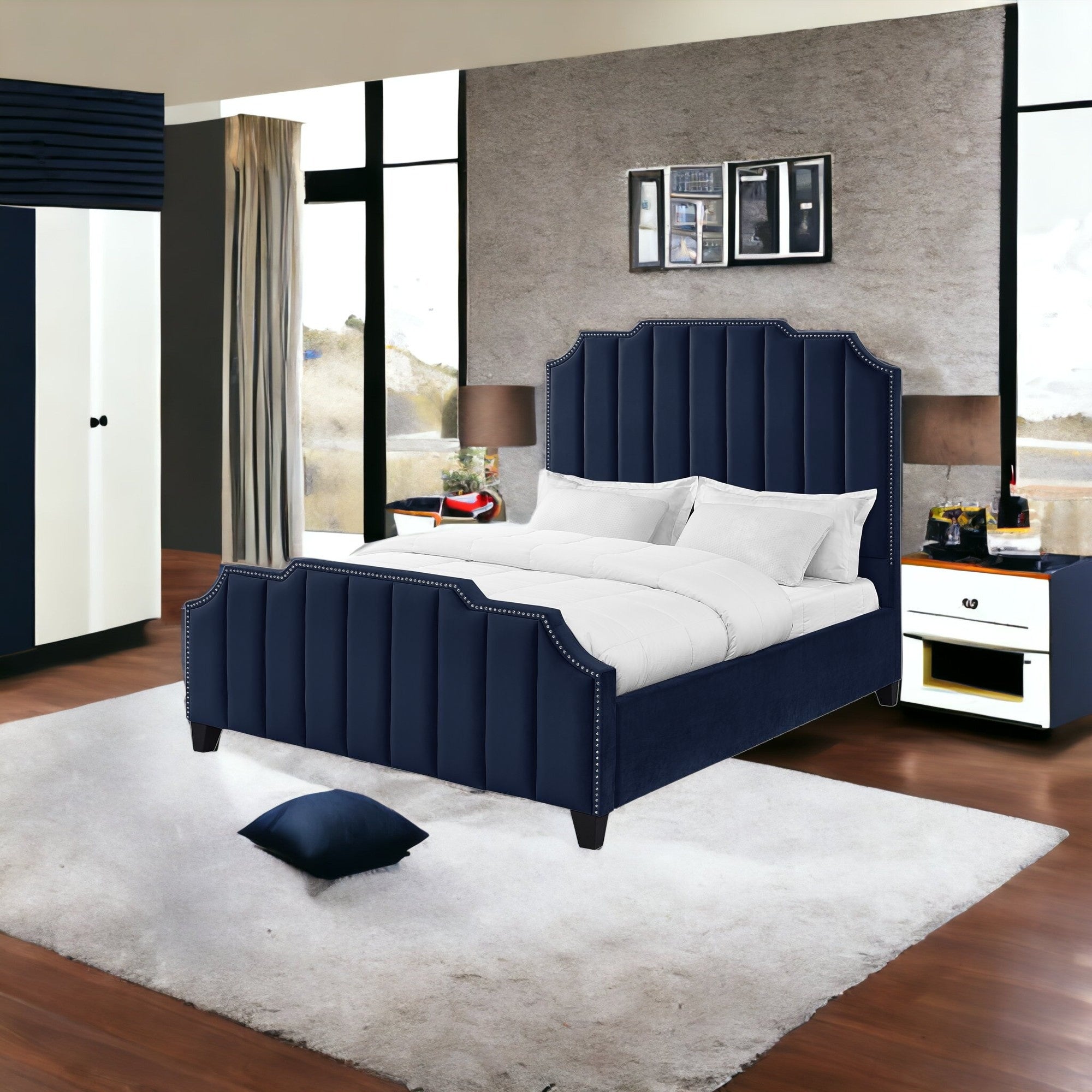 Navy Blue Solid Wood Queen Tufted Upholstered Velvet Bed with Nailhead Trim