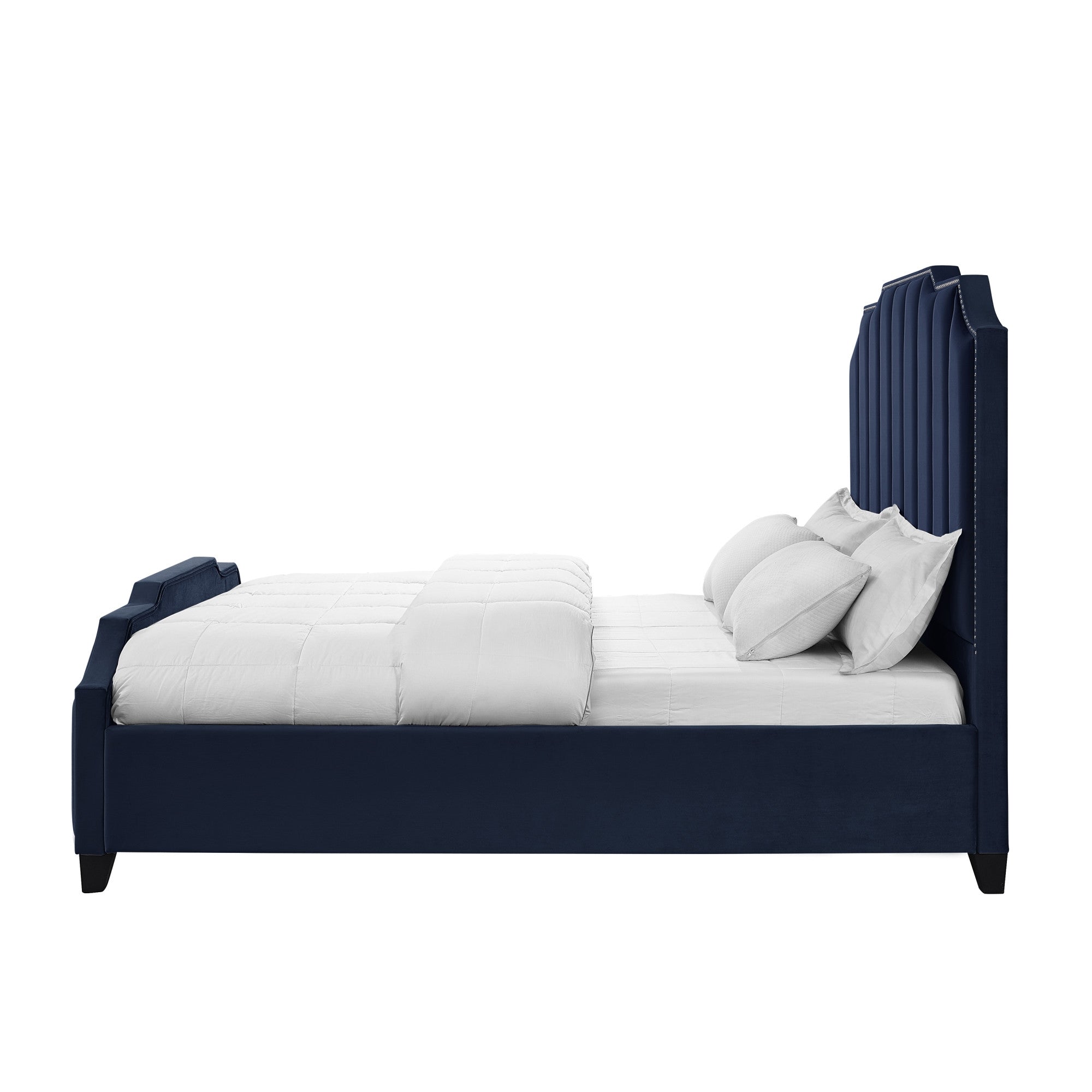 Navy Blue Solid Wood Queen Tufted Upholstered Velvet Bed with Nailhead Trim