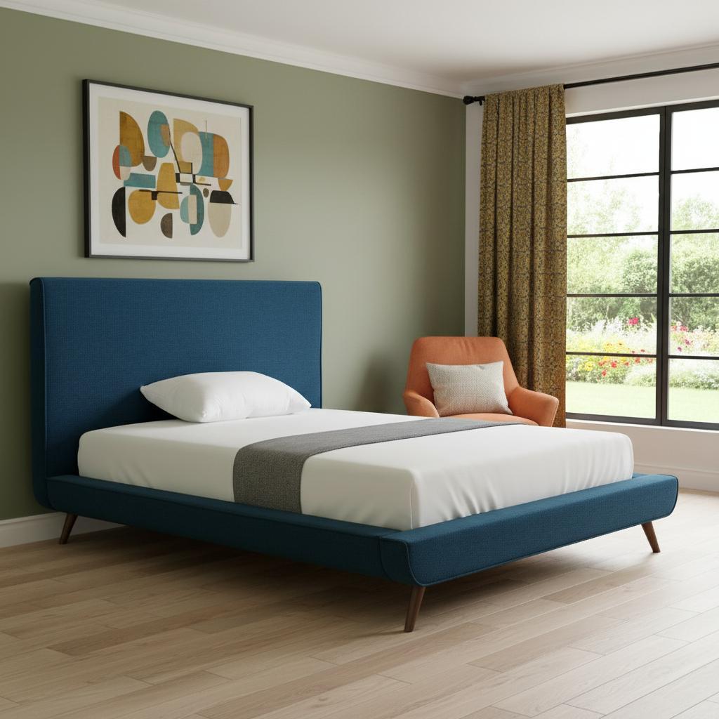 Denim Blue Solid Wood Full Upholstered Linen Bed