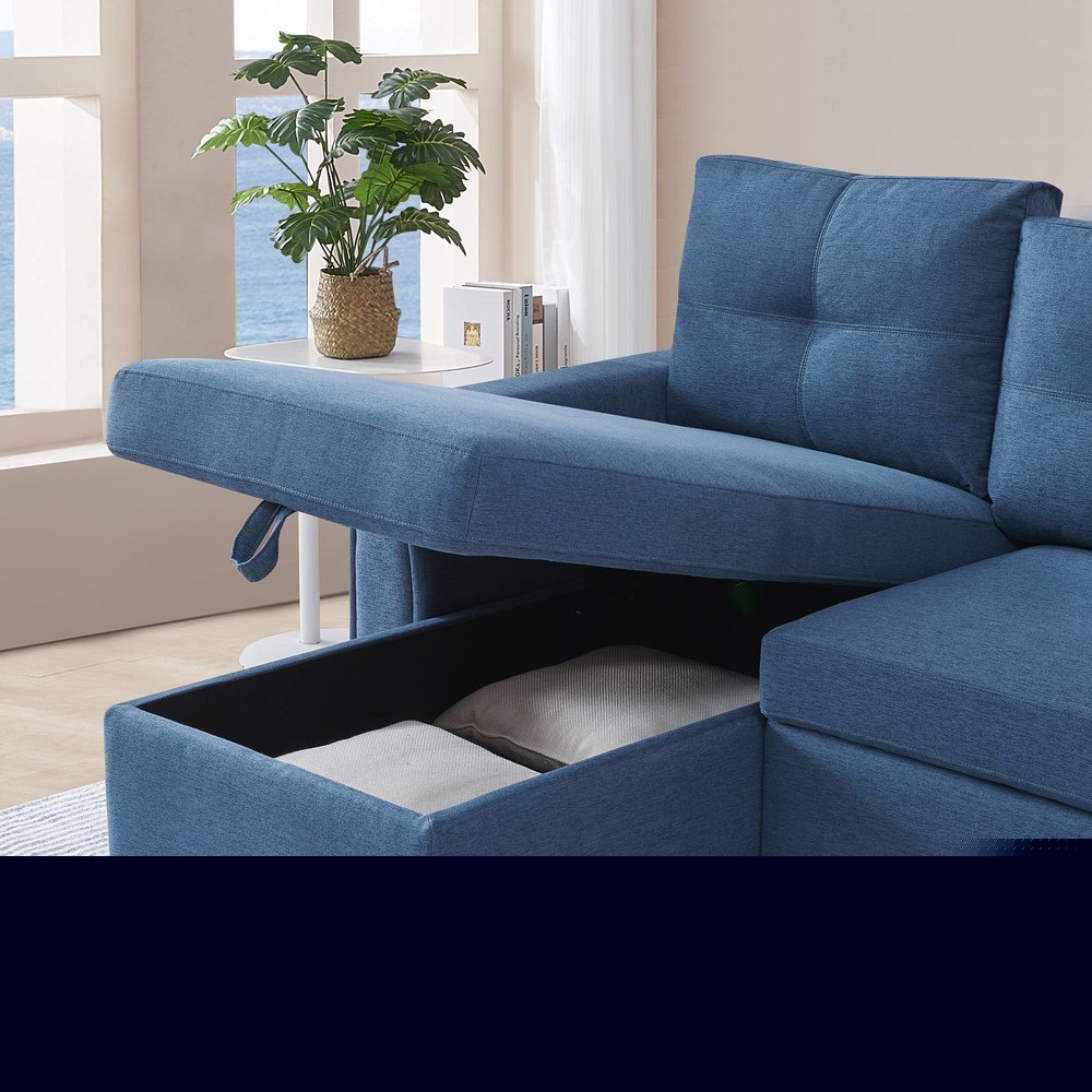 92" Blue Polyester Blend Convertible Futon Sleeper Sofa With Black Legs