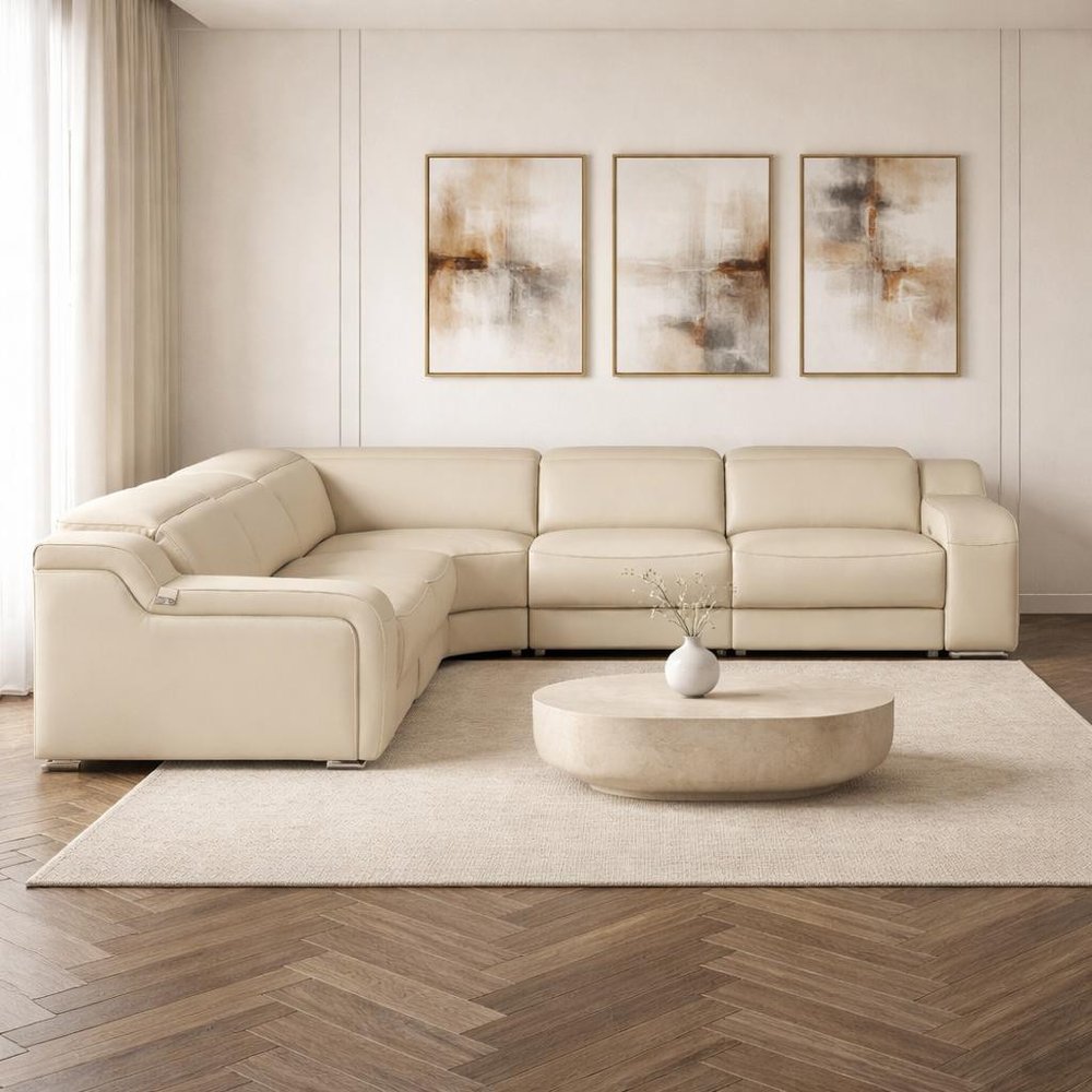 Beige Italian Leather Power Reclining Curved Five Piece Corner Sectional
