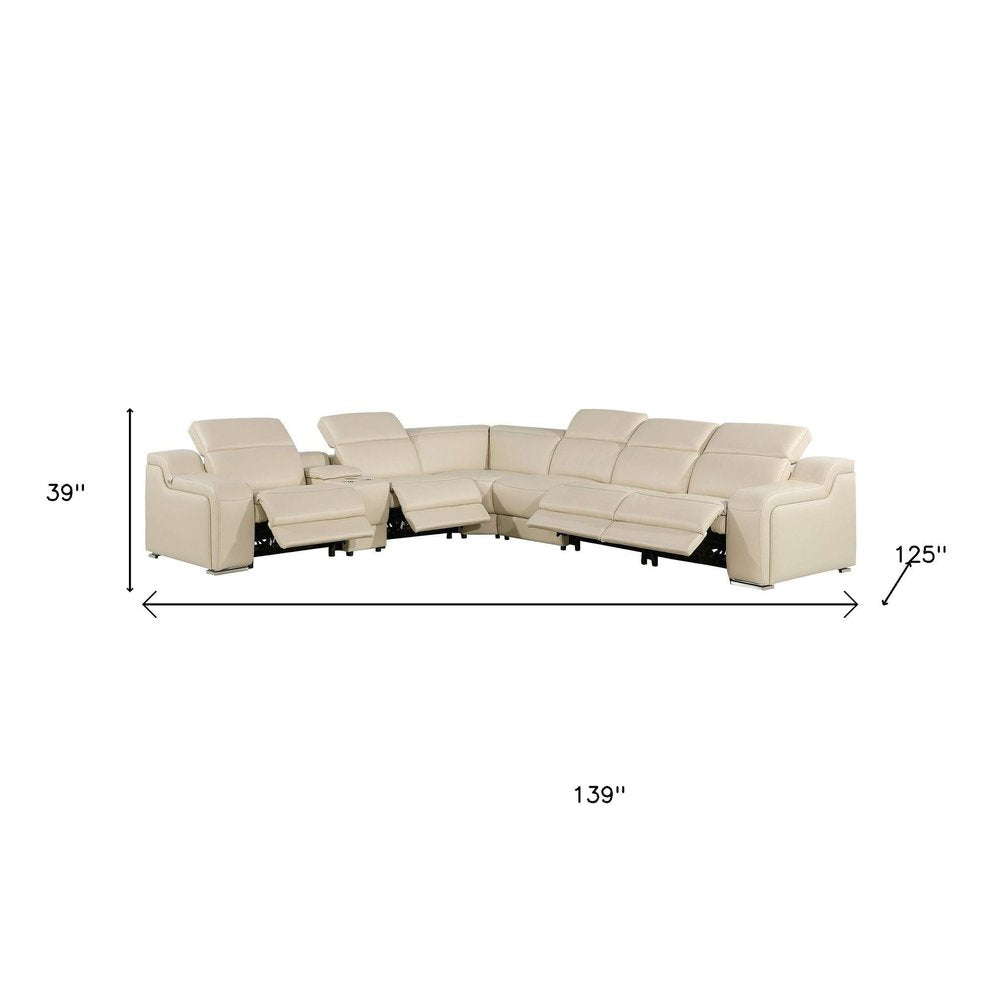 Beige Italian Leather Power Reclining Curved Seven Piece Corner Sectional With Console
