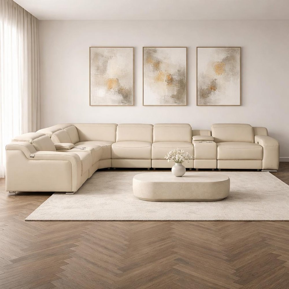 Beige Italian Leather Power Reclining Curved Eight Piece Corner Sectional With Console