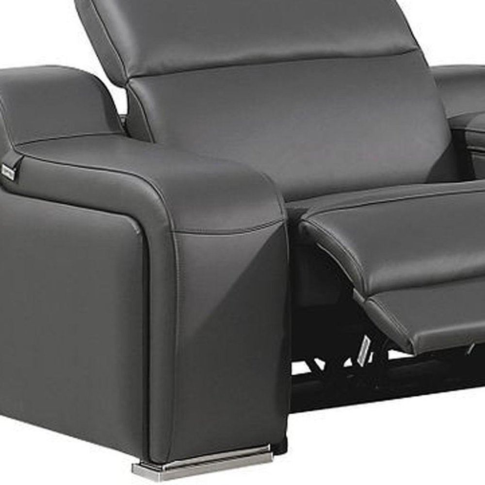 Gray Italian Leather Power Reclining Curved Seven Piece Corner Sectional With Console