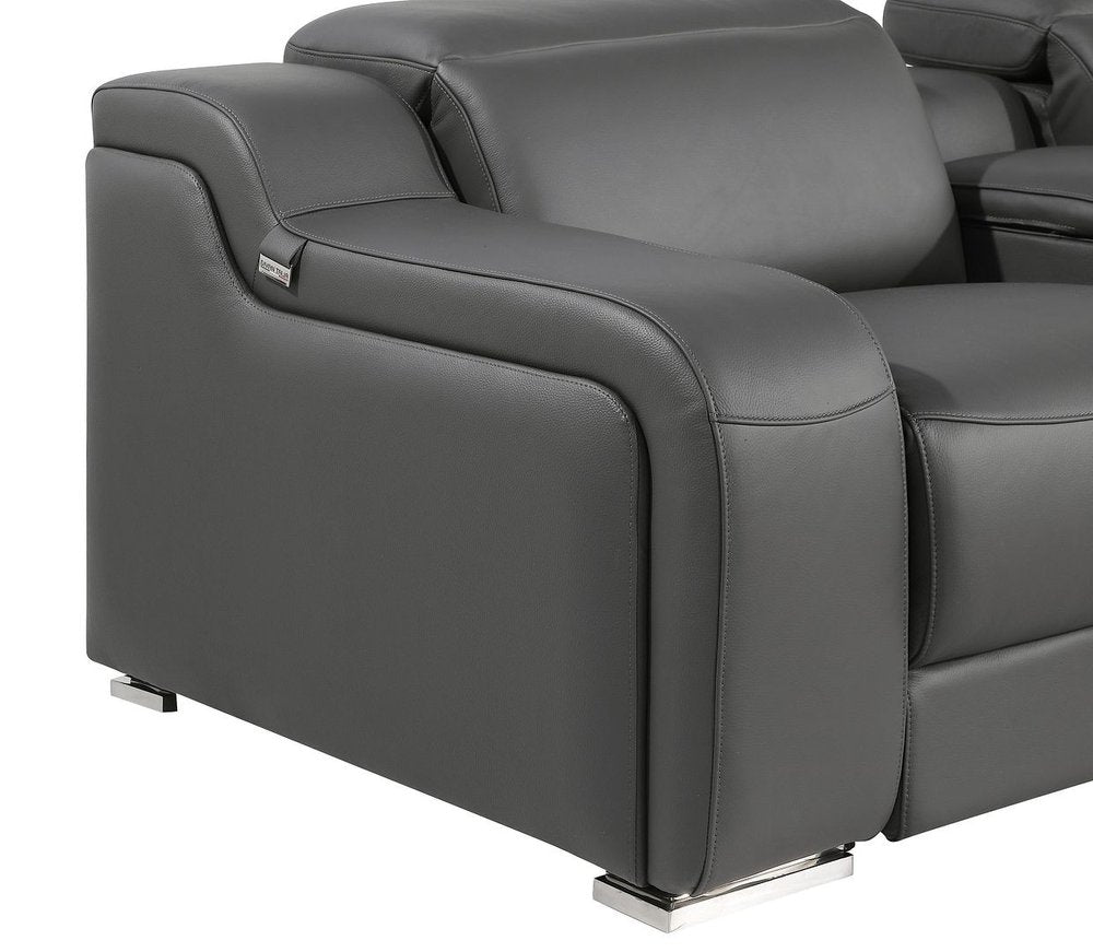 Dark Gray Italian Leather Power Reclining L Shaped Seven Piece Corner Sectional With Console
