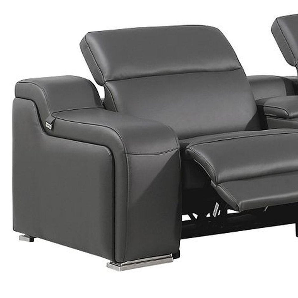 Gray Italian Leather Power Reclining Curved Seven Piece Corner Sectional With Console