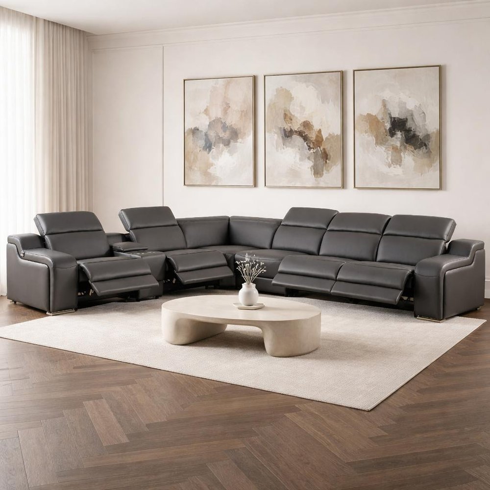 Gray Italian Leather Power Reclining Curved Seven Piece Corner Sectional With Console